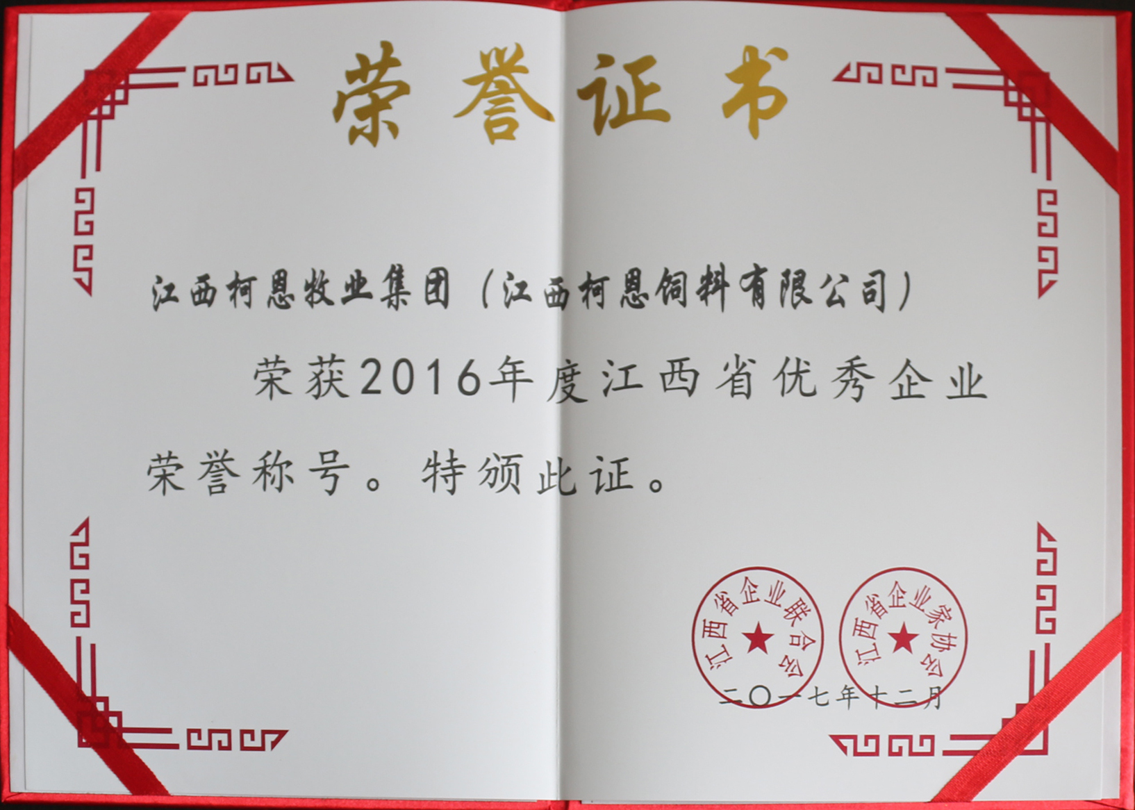 2016年度江西省優(yōu)秀企業(yè)榮譽(yù)證書(shū)