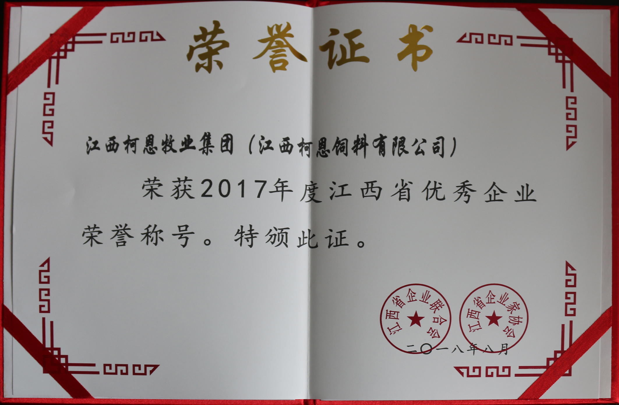 2017年度江西省優(yōu)秀企業(yè)榮譽(yù)證書(shū)